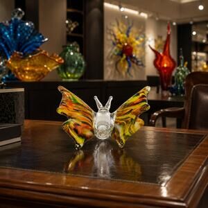Hand Blown Art Glass Butterfly Figurine Multicolor Paperweight Decor